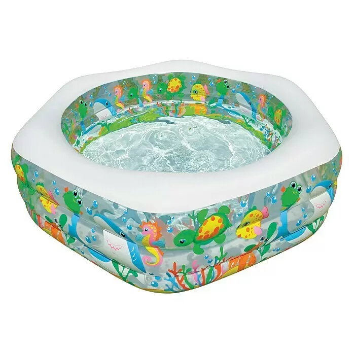 Intex Ozean Reef Piscina hinchable - 191 x 178 x 61 cm - Piscina inflable infantil con borde superior blanco y estampado colorido de criaturas marinas, llena de agua.