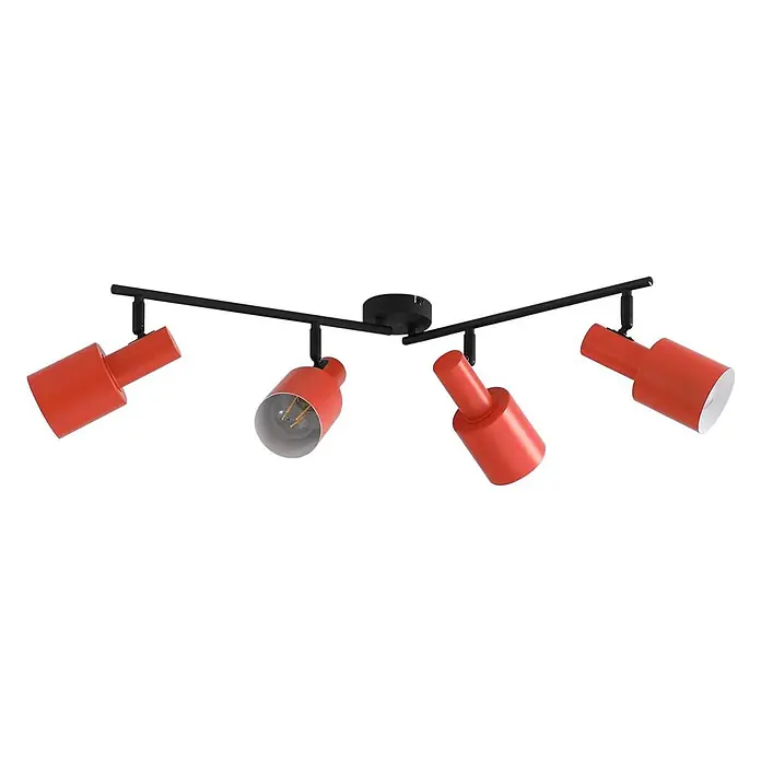 Lindby Deckenstrahler Ovelia - L x B x H: 79,5 x 9 x 25 cm, gelb / orange, E27 - Schwarze Deckenleuchte mit vier verstellbaren roten Spots, einer mit sichtbarer Glühbirne.