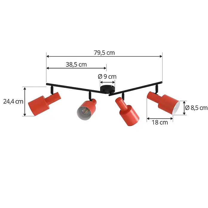 Lindby Deckenstrahler Ovelia - L x B x H: 79,5 x 9 x 25 cm, gelb / orange, E27 - Rote und schwarze Deckenleuchte mit vier verstellbaren Strahlern. Gesamtbreite 79,5 cm.