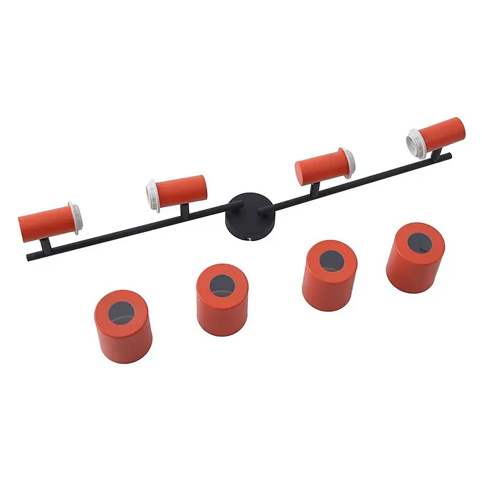 Lindby Deckenstrahler Ovelia - L x B x H: 79,5 x 9 x 25 cm, gelb / orange, E27 - Orange-schwarze Metallschiene mit vier zylindrischen Leuchtenschirmen und vier zusätzlichen passenden Schirmen.