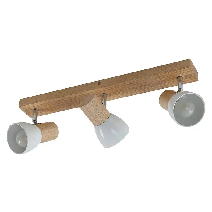 Lindby Deckenstrahler Thorin - L x B x H: 47 x 8 x 17 cm, Holz hell, E14 - Deckenleuchte aus Holz mit drei verstellbaren Strahlern, weißen Metallschirmen und Chrombeschlägen.