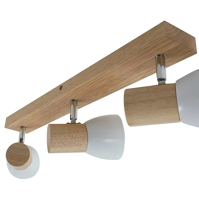 Lindby Deckenstrahler Thorin - L x B x H: 47 x 8 x 17 cm, Holz hell, E14 - Holzdeckenleuchte mit drei verstellbaren Strahlern, weißen Schirmen und Chromakzenten.