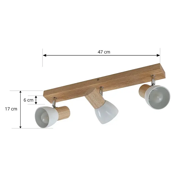 Lindby Deckenstrahler Thorin - L x B x H: 47 x 8 x 17 cm, Holz hell, E14 - Deckenleuchte aus Holz mit drei weißen und hölzernen, verstellbaren Strahlern. Misst 47 cm Länge, 17 cm Höhe.