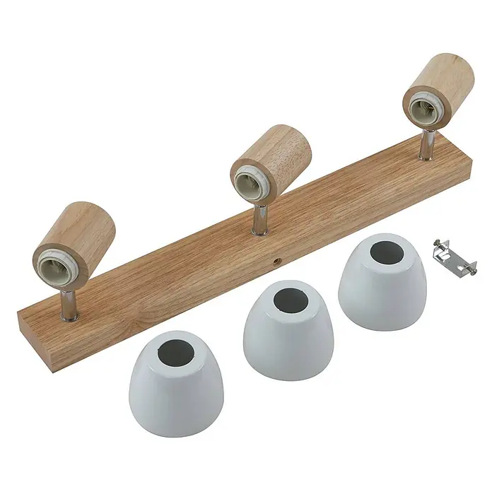 Lindby Deckenstrahler Thorin - L x B x H: 47 x 8 x 17 cm, Holz hell, E14 - Holz-Deckenleuchte, 3 Spots mit Chromfassungen und weißen Metallschirmen. Inkl. Montagehalterung.