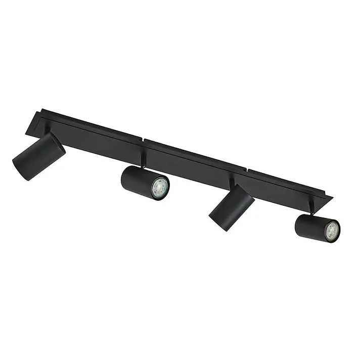 Lindby Deckenstrahler Joffrey - schwarz, schwarz, GU10 - Schwarze Schienenleuchte mit vier zylindrischen Strahlern, teilweise angewinkelt.
