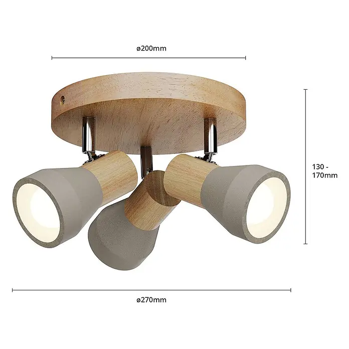 Lindby Deckenstrahler Filiz - Holz hell, alu / grau / zink, E14 - Dreifacher Deckenstrahler mit runder Holzbasis und verstellbaren Köpfen aus Holz und grauem Material.
