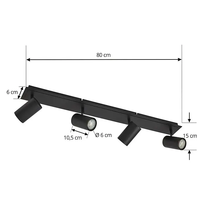 Lindby Deckenstrahler Joffrey - schwarz, schwarz, GU10 - Schwarze Deckenleuchte mit vier verstellbaren Strahlern, Maße: 80 cm Länge, 15 cm Höhe.