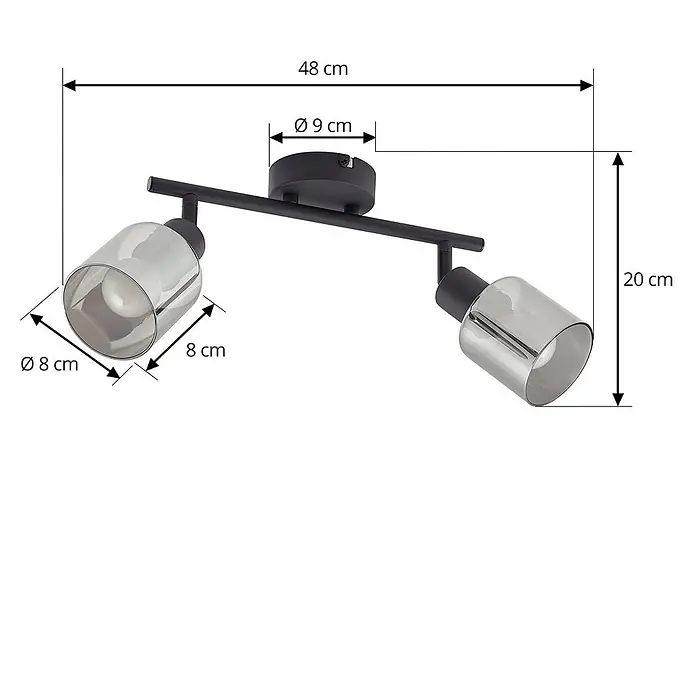 Lindby Deckenstrahler Netty - schwarz, alu / grau / zink, E14 - Schwarze Metall-Deckenleuchte mit zwei Spots und Rauchglasschirmen, Maße 48x20 cm.