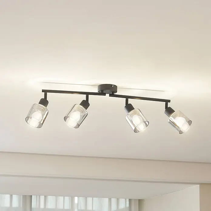 Lindby Deckenstrahler Netty - schwarz, alu / grau / zink, E14 - Schwarze 4-flammige Deckenleuchte aus Metall mit klaren Glasschirmen.