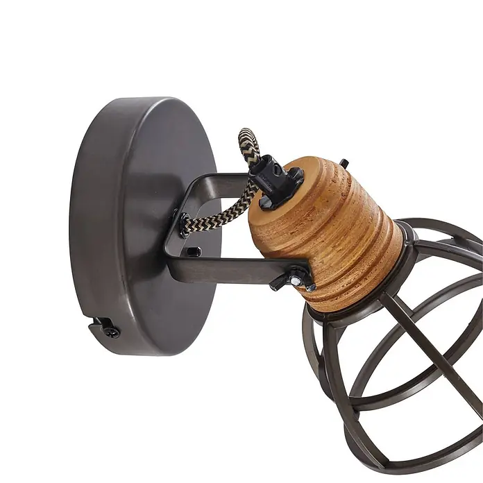 Lindby Deckenstrahler Arinthea - schwarz, schwarz, E14 - Industrielle Wandleuchte aus dunklem Metall und Holz mit Schutzkäfig und geflochtenem Kabel.