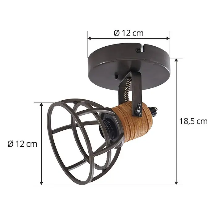 Lindby Deckenstrahler Arinthea - schwarz, schwarz, E14 - Dunkelbrauner Deckenstrahler im Industriedesign mit Metallkäfig und Lampenfassung aus Naturholz.