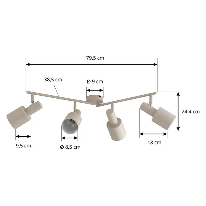Lindby Deckenstrahler Ovelia - creme / amber, creme / amber, E27 - Cremeweiße Deckenleuchte mit vier verstellbaren Strahlern und Maßangaben.