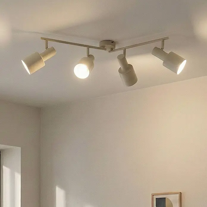 Lindby Deckenstrahler Ovelia - creme / amber, creme / amber, E27 - Cremefarbene, L-förmige Deckenstrahlerleiste mit vier verstellbaren Spots, zwei davon leuchten warm.