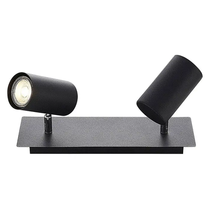 Lindby Deckenstrahler Joffrey - L x B x H: 31 x 31 x 16,5 cm, schwarz, schwarz, GU10 - Zwei verstellbare schwarze Strahler auf rechteckiger Basis, einer beleuchtet, mit matt-strukturierter Oberfläche.