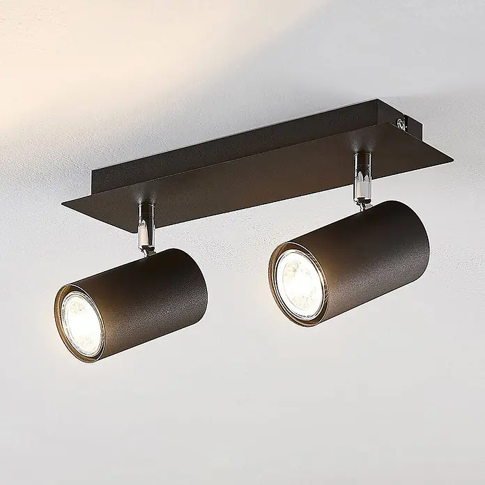 Lindby Deckenstrahler Joffrey - L x B x H: 31 x 31 x 16,5 cm, schwarz, schwarz, GU10 - Dunkle Deckenleuchte aus Metall mit zwei verstellbaren Strahlern, Chromakzenten.