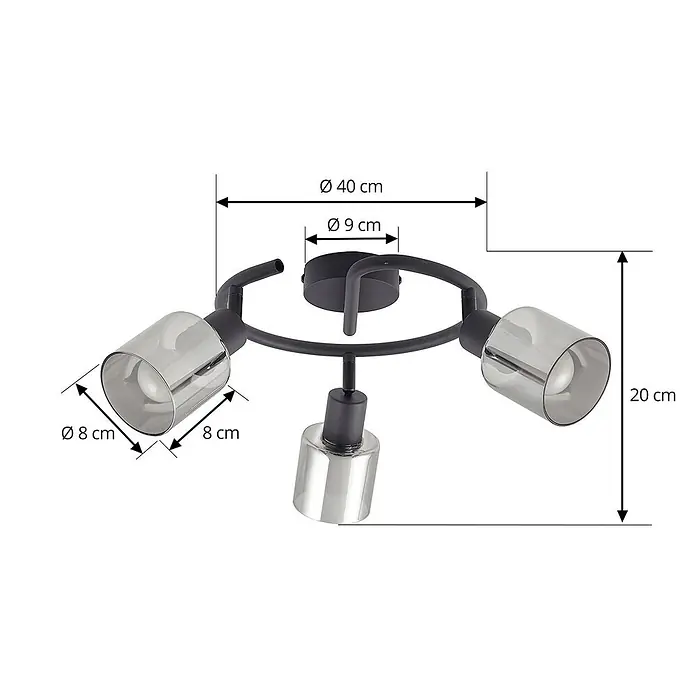 Lindby Deckenstrahler Netty - schwarz, alu / grau / zink, E14 - Schwarze Deckenleuchte aus Metall mit drei verstellbaren Spots und Rauchglas-Schirmen.