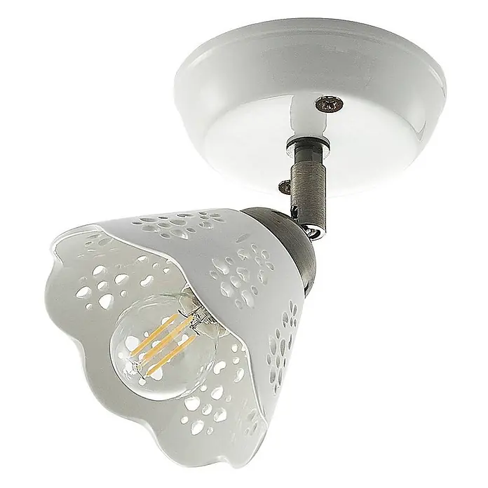 Lindby Deckenstrahler Efgenia - L x B x H: 18 x 13 x 16,5 cm, weiß / opal, weiß / opal, E14 - Weißer Keramik-Deckenstrahler mit perforiertem Schirm und LED-Birne, mit verstellbarer antiker Messinghalterung.