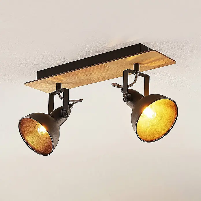 Lindby Deckenstrahler Aylis - Holz dunkel, schwarz, E14 - Deckenleuchte aus Holz mit zwei verstellbaren Strahlern aus schwarzem Metall und warmem Licht.