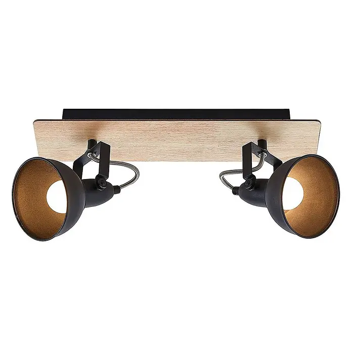 Lindby Deckenstrahler Aylis - Holz dunkel, schwarz, E14 - Zwei verstellbare schwarze Strahler mit goldenen Innenseiten, montiert auf einer hellen Holz- und einer schwarzen Rechteckbasis, als Deckenleuchte.