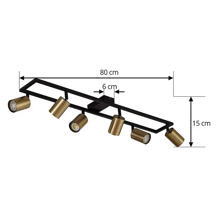 Lindby Deckenstrahler Bravius - schwarz, messing / gold, GU10 - Schwarze Deckenleuchte mit 6 verstellbaren Messingspots, 80 cm lang und 15 cm hoch.