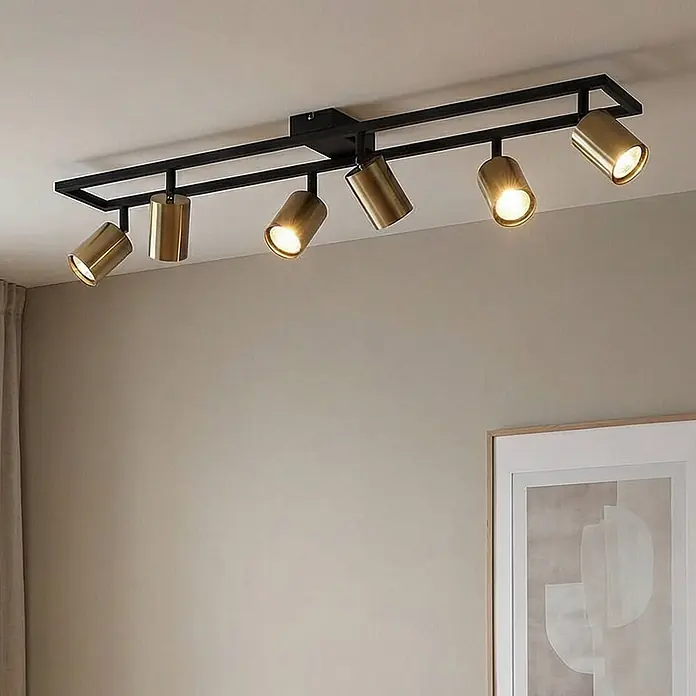 Lindby Deckenstrahler Bravius - schwarz, messing / gold, GU10 - Schwarze lineare Deckenstrahler-Schiene mit sechs verstellbaren messingfarbenen Spots.