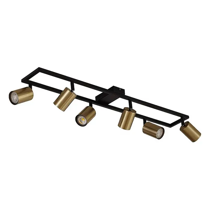 Lindby Deckenstrahler Bravius - schwarz, messing / gold, GU10 - Schwarze rechteckige Deckenleuchte mit sechs goldfarbenen zylindrischen Strahlern.