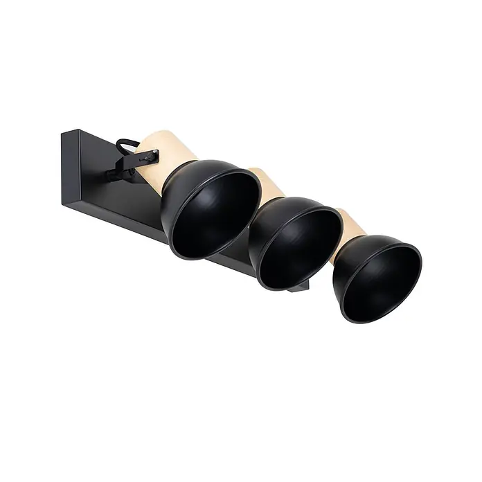 Lindby Deckenstrahler Bosko - schwarz, E14 - Dreifacher Deckenspot mit schwarzen Metallschirmen und Holzakzenten auf schwarzer Schiene.