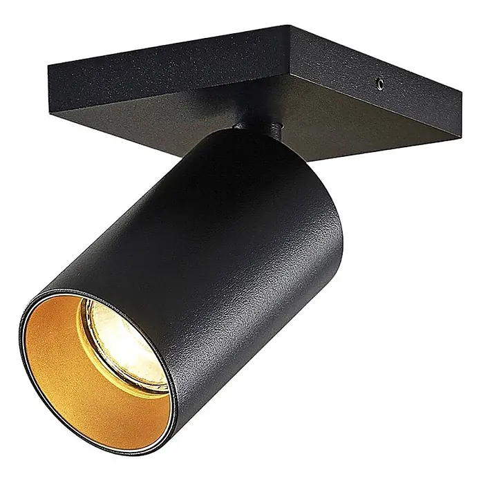 Arcchio Deckenstrahler Brinja - L x B x H: 12,5 x 11 x 9 cm, schwarz, schwarz, GU10 - Schwarzer Deckenstrahler mit quadratischer Basis und zylindrischem, verstellbarem Kopf mit goldener Innenseite.