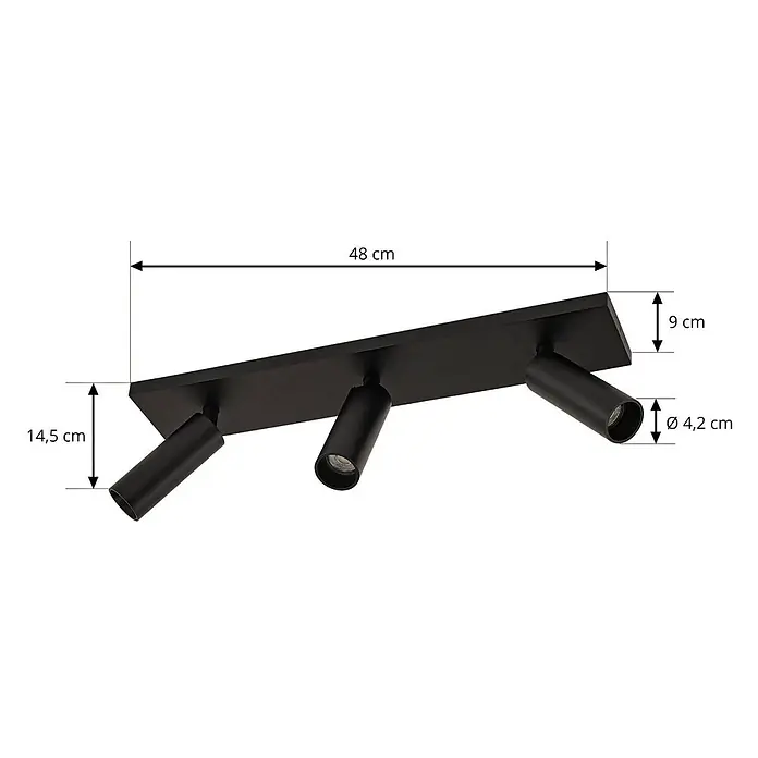 Arcchio Deckenstrahler Brinja Slim - L x B x H: 48 x 9 x 14,5 cm, schwarz, schwarz, GU10 - Schwarze Deckenleuchte mit drei verstellbaren Spots, mattiert. Maße 48x9x14,5 cm, Spot-Ø 4,2 cm.