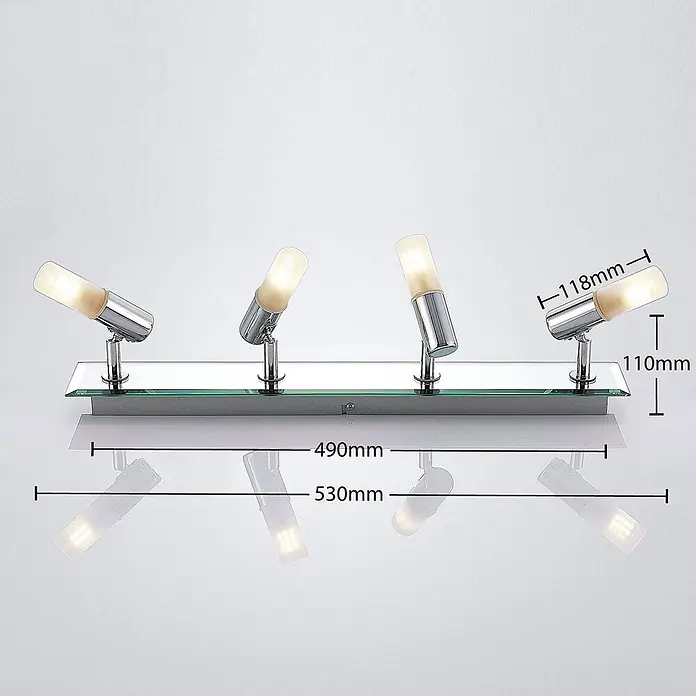 Lindby Deckenstrahler Zela - L x B x H: 53 x 13,5 x 11 cm, chrom / silber, G9 - Vier verstellbare Chrom-Spotlights auf Glasbasis, mit leuchtenden Birnen und detaillierten Maßen.