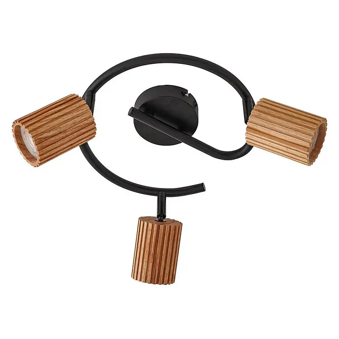 Lindby Deckenstrahler Stralino - L x B x H: 31 x 31 x 17,5 cm, Holz hell, GU10 - Deckenstrahler aus schwarzem Metall mit drei geriffelten Schirmen aus Naturholz.