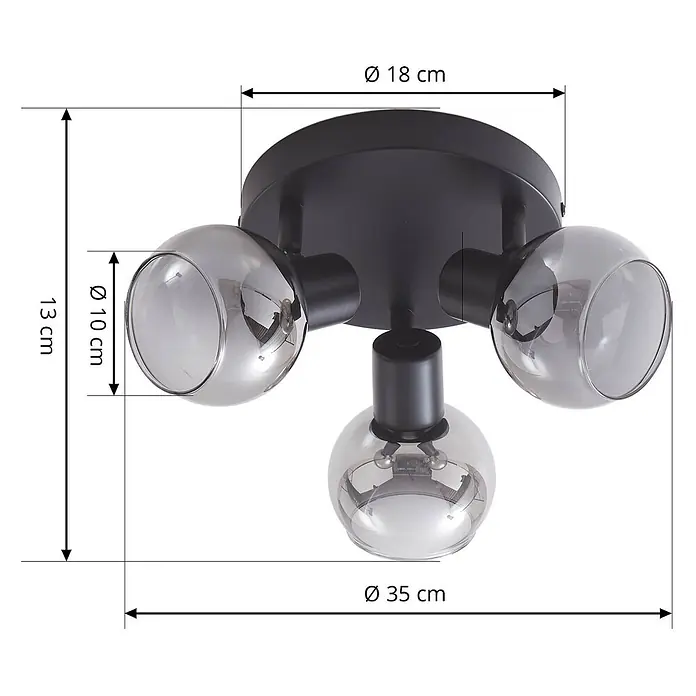 Lindby Deckenstrahler Hedvig - L x B x H: 35 x 35 x 13 cm, schwarz, alu / grau / zink, E14 - Deckenleuchte aus schwarzem Metall mit drei verstellbaren Strahlern und Rauchglasschirmen.