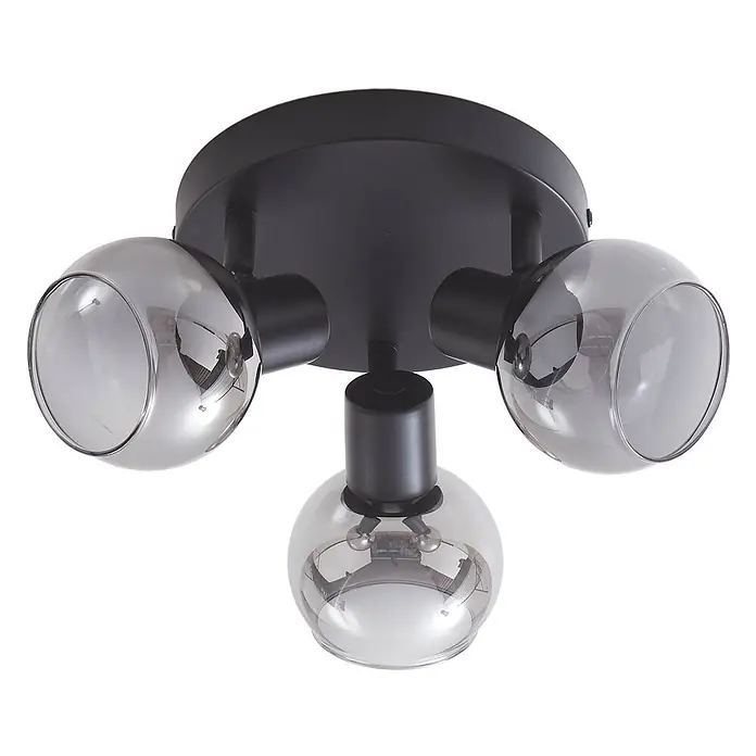 Lindby Deckenstrahler Hedvig - L x B x H: 35 x 35 x 13 cm, schwarz, alu / grau / zink, E14 - Schwarze Deckenleuchte mit drei verstellbaren Strahlern und Rauchglas-Schirmen, die die Glühbirnen zeigen.