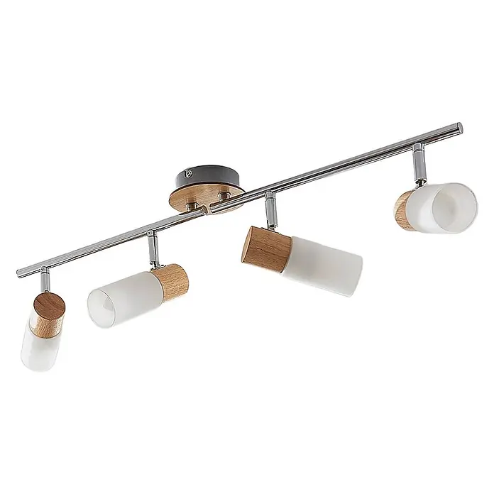 Lindby Deckenstrahler Christoph - Holz hell, E14 - Moderne Deckenleuchte mit vier Spots, Chromstange, Holzdetails und zylindrischen Milchglasschirmen.