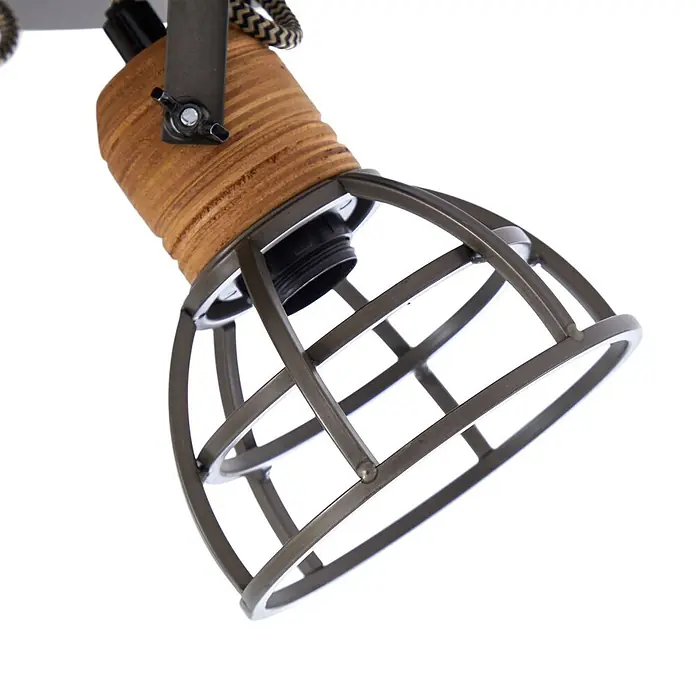 Lindby Deckenstrahler Arinthea - schwarz, schwarz, E14 - Scheinwerfer im Industriestil mit Naturholzgehäuse und dunklem Metallgitter.