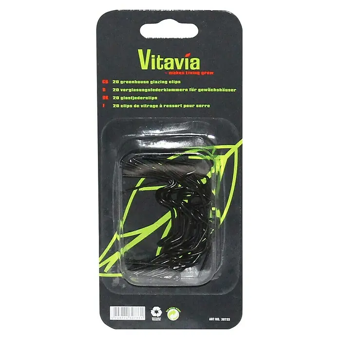 Vitavia Glasfederklammer - 20 Stk., Schwarz - Eine Packung mit 20 Vitavia-Gewächshausklammern zur sicheren Befestigung von Glasscheiben in Gewächshäusern.