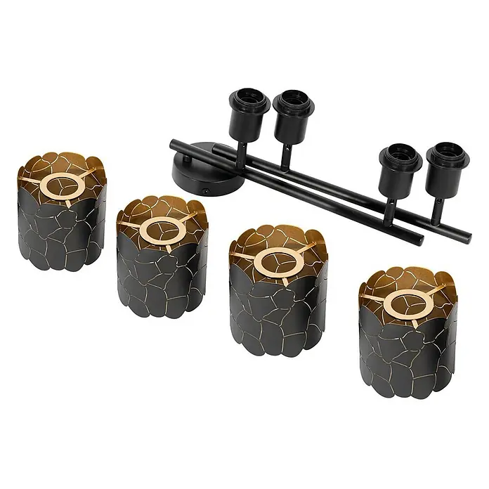 Lindby Deckenstrahler Aralena - L x B x H: 97 x 12 x 25 cm, schwarz, schwarz, E27 - Schwarze Deckenleuchte aus Metall mit vier Fassungen und vier dekorativen schwarz-gold gemusterten Metallschirmen.