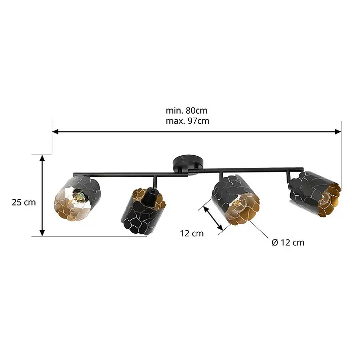 Lindby Deckenstrahler Aralena - L x B x H: 97 x 12 x 25 cm, schwarz, schwarz, E27 - Verstellbare schwarz-goldene 4-Flammen-Deckenleuchte. Länge 80-97cm, Höhe 25cm.