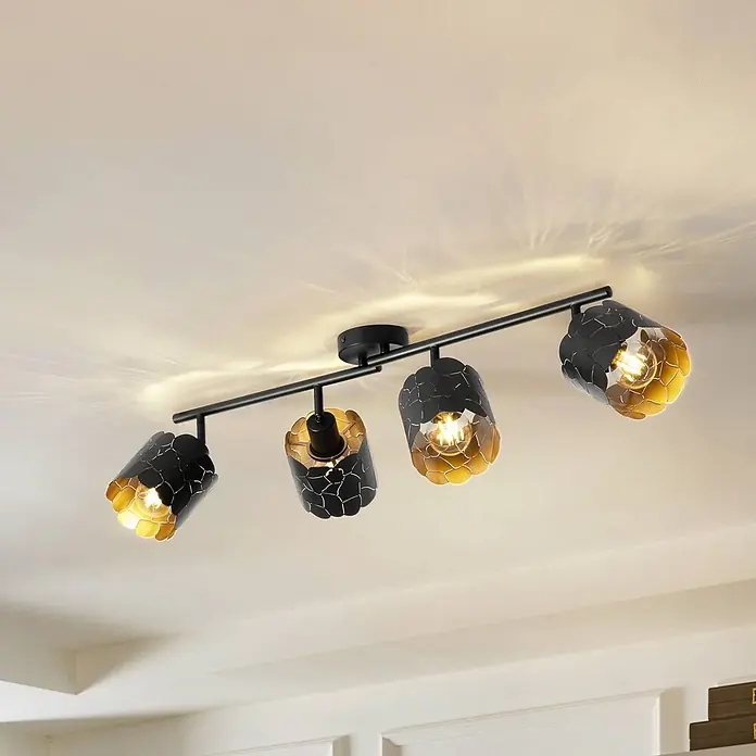 Lindby Deckenstrahler Aralena - L x B x H: 97 x 12 x 25 cm, schwarz, schwarz, E27 - Schwarze Deckenleiste mit vier Spotlights, innen gold, Rissmuster, strahlt warmes Licht.