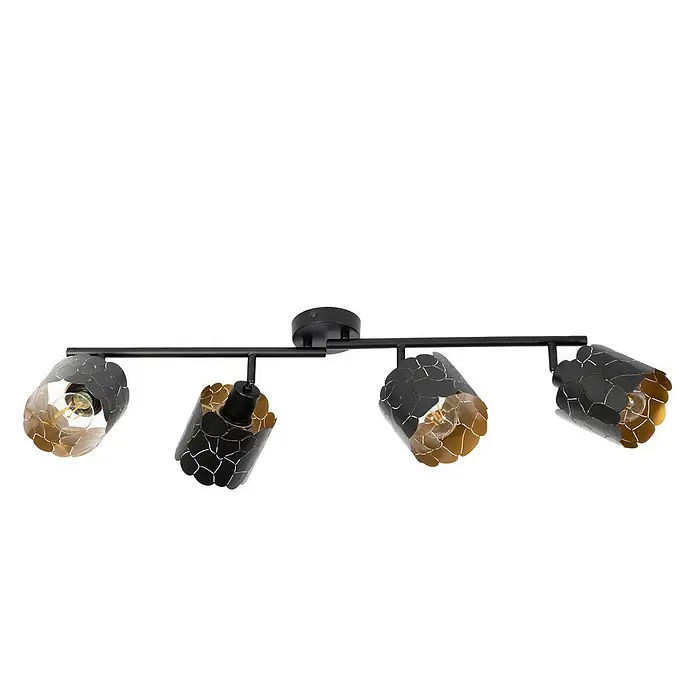 Lindby Deckenstrahler Aralena - L x B x H: 97 x 12 x 25 cm, schwarz, schwarz, E27 - Schwarze Deckenleuchte mit vier verstellbaren Strahlern, mit gemusterten schwarzen Schirmen und goldener Innenseite.