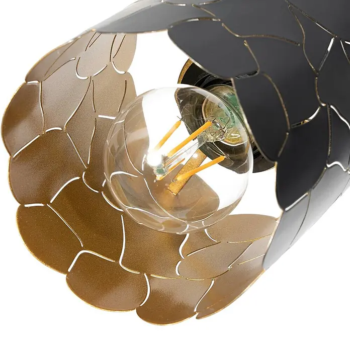 Lindby Deckenstrahler Aralena - L x B x H: 97 x 12 x 25 cm, schwarz, schwarz, E27 - Zweifarbiger Lampenschirm aus Gold und schwarzem Metall mit Blattausschnitten und einer klaren LED-Glühbirne.