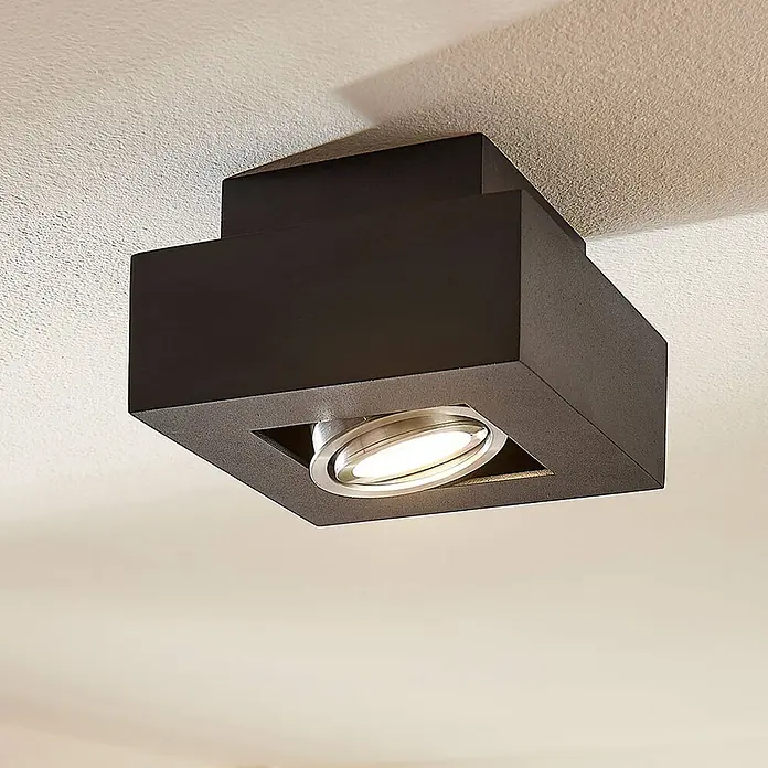 Arcchio Deckenstrahler Vince - schwarz, schwarz, GU10 - Schwarzer, quadratischer, aufgesetzter LED-Deckenstrahler mit verstellbarem, silberfarbenem Leuchtelement.