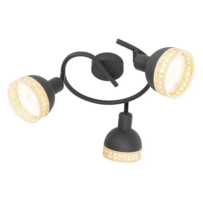 Lindby Deckenstrahler Lonnaris - L x B x H: 51,5 x 51,5 x 21 cm, schwarz, schwarz, E14 - Dreiflammiger, matter schwarzer Metall-Deckenstrahler mit verstellbaren Köpfen, jeder mit schwarzem Schirm und dekorativem Rattan-Geflechtband.