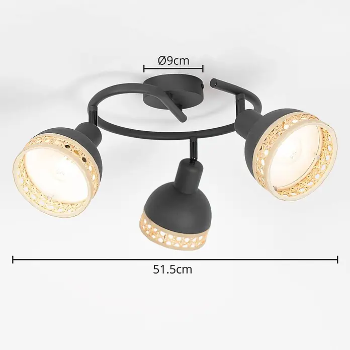 Lindby Deckenstrahler Lonnaris - L x B x H: 51,5 x 51,5 x 21 cm, schwarz, schwarz, E14 - Schwarzer dreiflammiger Deckenstrahler mit verstellbaren Köpfen und Rattan-Details.