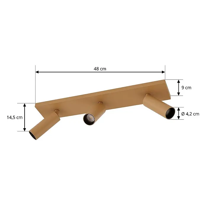 Arcchio Deckenstrahler Brinja Slim - braun / rost, braun / rost, GU10 - Sandbraune Dreifach-Spotleiste, 48 cm lang, 14,5 cm Gesamthöhe.