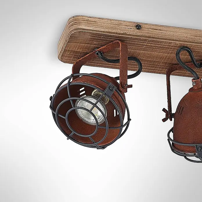 Lindby Deckenstrahler Farovi - Holz dunkel, braun / rost, GU10 - Industrielle Deckenleuchte mit Holzbasis und zwei rostfarbenen Metallstrahlern mit Schutzgittern.