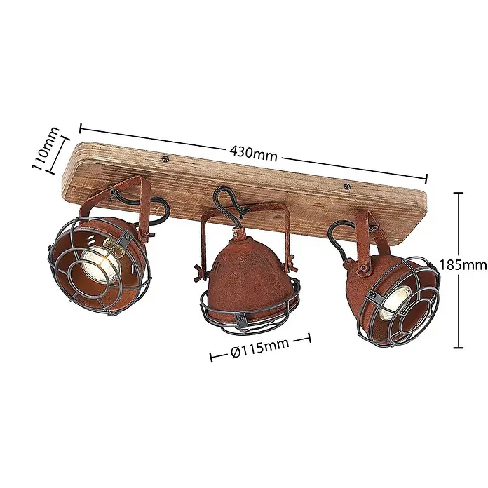Lindby Deckenstrahler Farovi - Holz dunkel, braun / rost, GU10 - Dreiflammige rustikale Schienenleuchte mit rostfarbenen Metallschirmen und Schutzgittern auf einem Holzbalken.