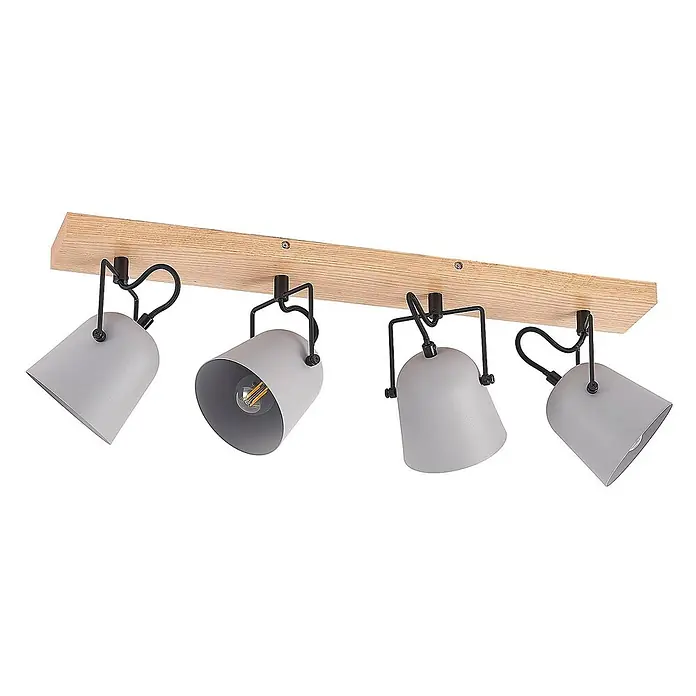 Lindby Deckenstrahler Adalin - Holz hell, alu / grau / zink, E14 - Vierflammige Deckenleuchte mit grauen Metallspots auf hellem Holzsockel.