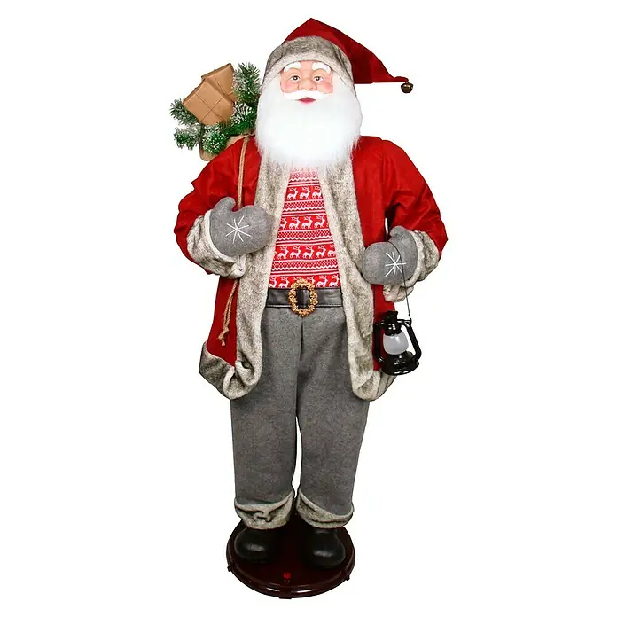 Weihnachtsmann Singend und Tanzend - Höhe: 1,5 m, Funktionen: Singen/Bewegen - Stehende Santa Claus Figur mit rotem Mantel, grauen Hosen und Mütze, mit Geschenken und Laterne.
