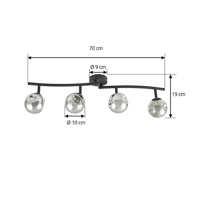 Lindby Deckenstrahler Valentina - L x B x H: 70 x 10 x 19 cm, schwarz, alu / grau / zink, G9 - Schwarzer 4-flammiger Deckenstrahler, gebogene Schiene, vier runde verspiegelte Glasschirme. 70x19 cm.